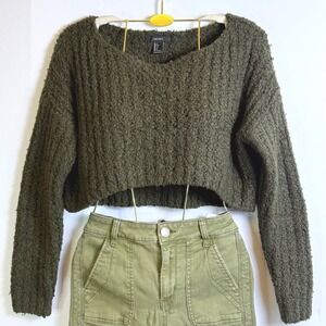 Forever 21 Olive Green Textured Cropped Sweater Long Sleeve Women's Small